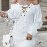 Hnewly Lace Up Off Shoulder Dress Casual Textured Long Sleeve Solid Women’s Clothing White / S(4)